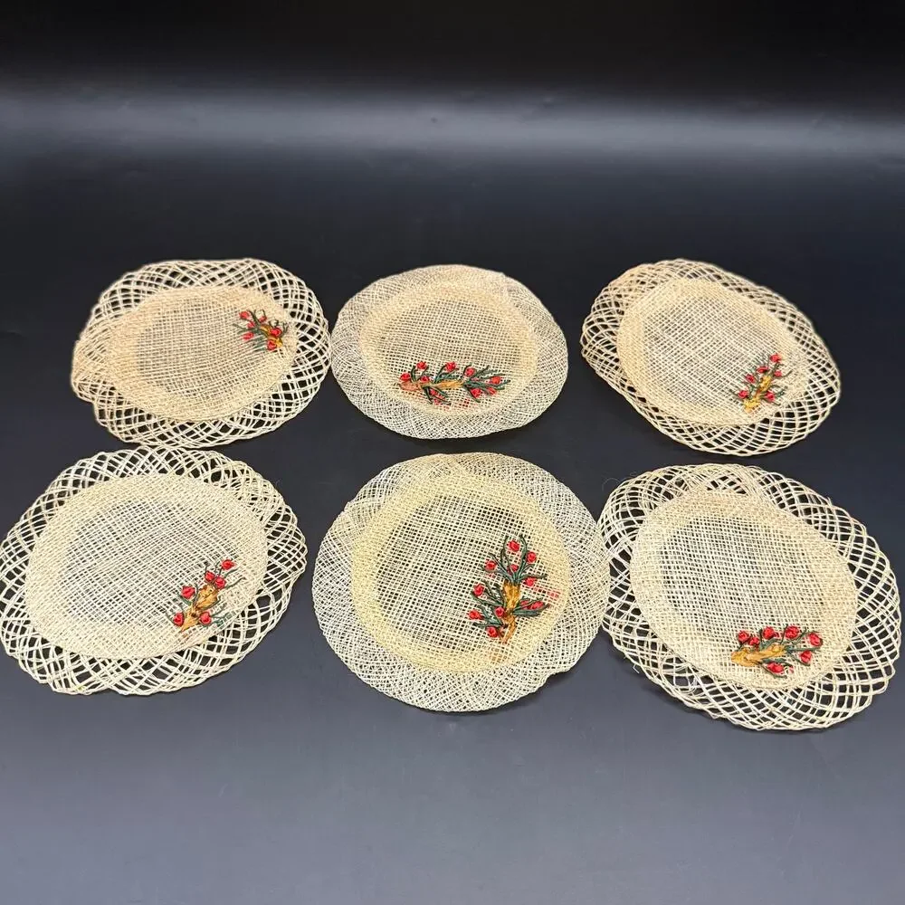 Vintage 6 Rattan Straw Lace Coasters Woven Flowers Floral